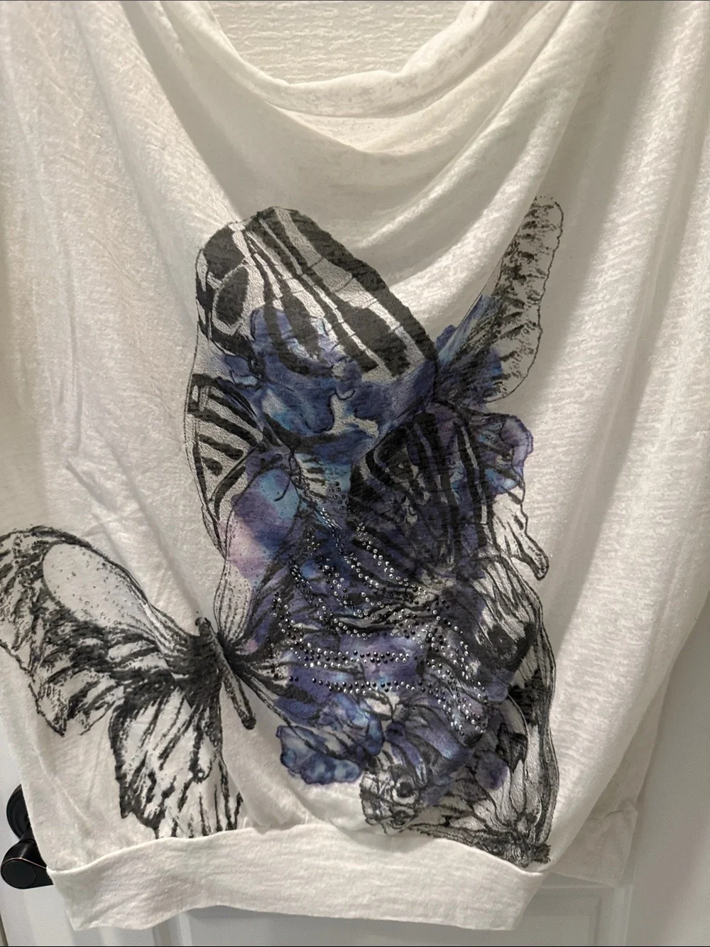 Express White Draped Butterfly Print Top with Blue Accents